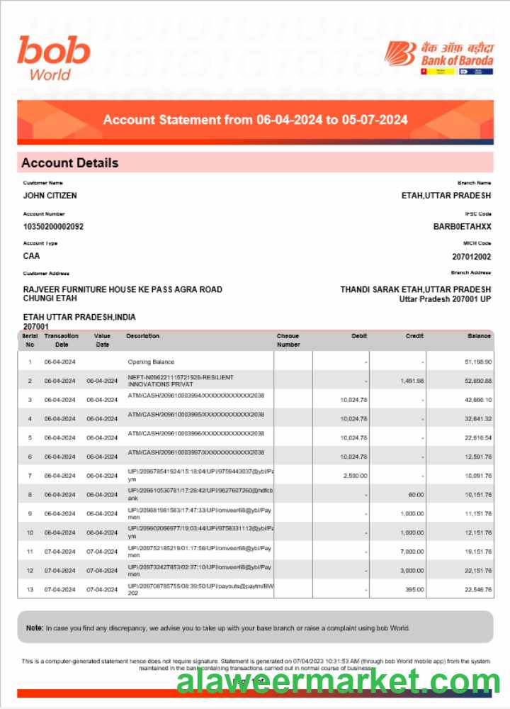 India Bob Bank of Boroda statement Word and PDF example